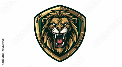 Illustration of a lion's head with an open mouth on a gold shield emblem against a green background.
