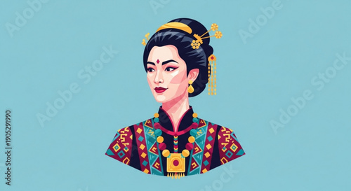 Woman in traditional chinese dress with ornate hair adornments on light blue background