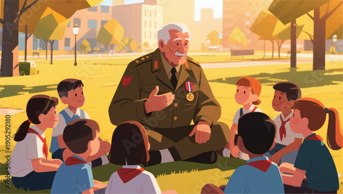 Illustration Of An Elderly Veteran Wearing An Old Military Jacket With Medals, Telling A Story To A Group Of Children Vector Design Template