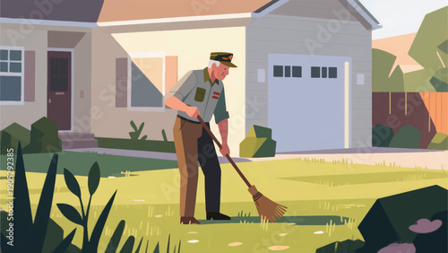 Illustration Of An Elderly Veteran Sweeping The Yard, Natural Morning Light, Productive And Peaceful Atmosphere Vector Design Template