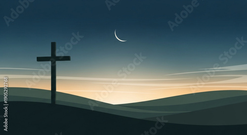 Silhouette of a cross on a hill at dusk with crescent moon in the sky