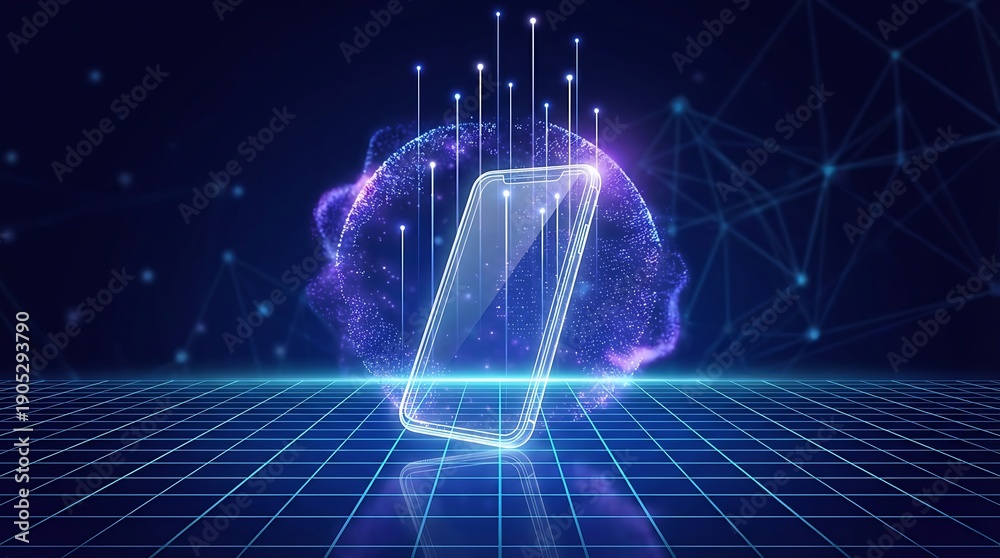 Fototapeta premium Futuristic smartphone concept emerging from digital sphere with glowing network lines and particles representing technological innovation data transfer and global connectivity on dark background
