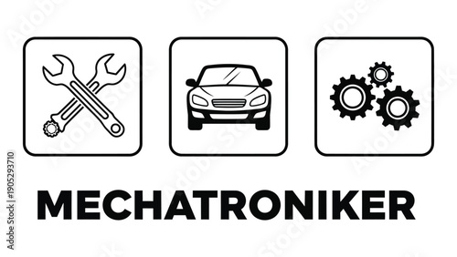 Mechatroniker logo featuring tools, car, and gears representing engineering and technology Vector
