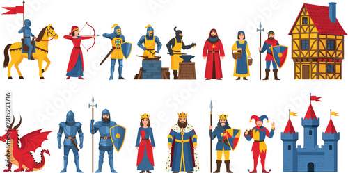 Medieval fantasy characters and castle vector set with knights, kings, princess, dragon and village elements