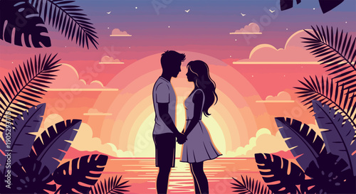 Silhouette of a romantic couple holding hands against a vibrant sunset with tropical leaves in a serene beach setting.