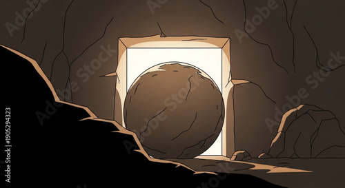 Large stone rolled away from cave entrance with warm light shining through