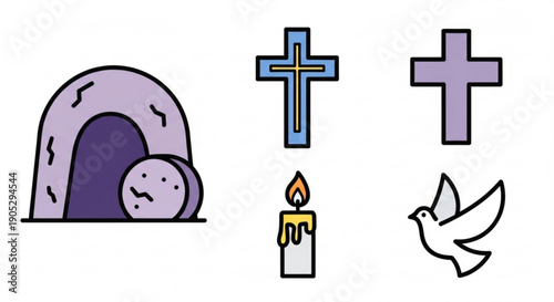 Easter symbols including empty tomb crosses dove and candle on white background representing resurrection and faith