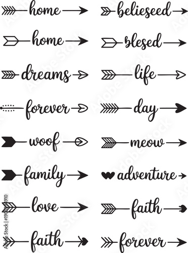 A variety of black decorative arrows pointing towards inspiring and comforting single words