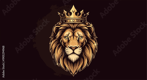Golden lion head with crown on black background, close-up illustration with warm tones and regal mood.