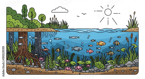 Vibrant underwater scene with fish plants and tree roots in clear blue water sunny day atmosphere