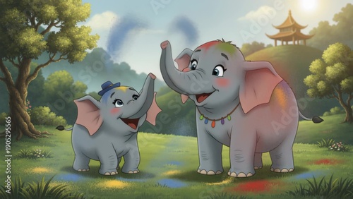 Mother And Baby Elephant In Meadow, Soft Sunlight And Pagoda Backdrop, Gentle Trunk Nuzzles, Colored Powder Traces On Skin, Calm Festive Mood, Affectionate Family Connection In Pastoral Setting.