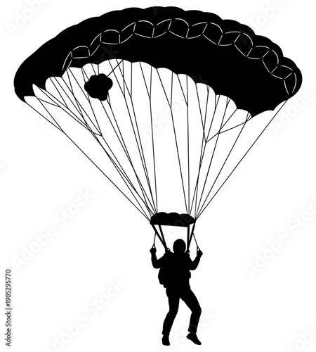 Parachuting silhouette illustration, skydiver with deployed canopy and suspension lines, adventurous extreme sports design symbolizing flight and freedom