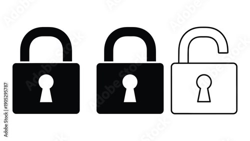Three padlocks with one open and two closed, representing security and access control. Vector