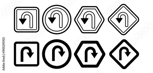 A complete set of outlined U-turn traffic signs in various shapes.
