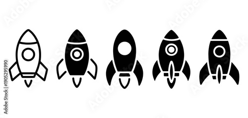 A clean row of five stylized rocket ship icons in minimalist design.