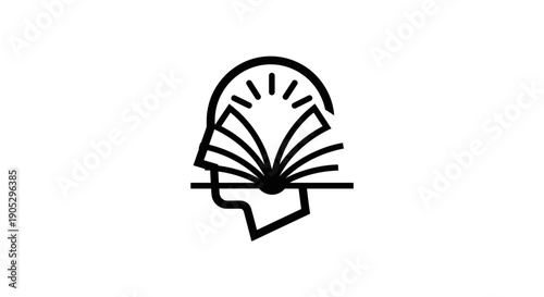 Abstract human head silhouette with open book and radiating light.