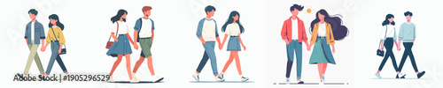 Minimalist Flat Illustration of Happy Young Couple Walking Together in Various Outfits