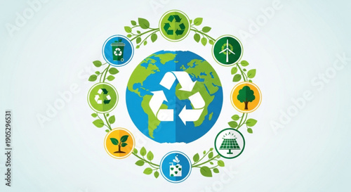 Earth surrounded by eco friendly icons and recycling symbol on a blue background with green leaves