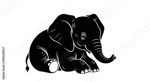 Adorable Baby Elephant Sitting Peacefully in Silhouette.