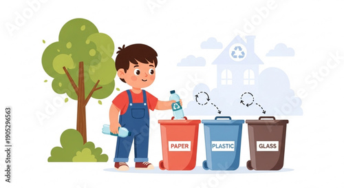 Boy recycling paper plastic and glass in labeled bins outdoors with a tree and house in the background