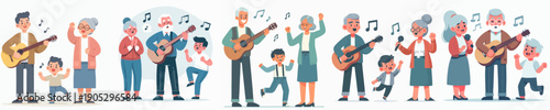 Cheerful Flat Illustration of Senior People Playing Music Together with Children