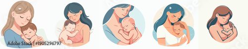 Soft Tone Illustration of Motherhood and Newborn Baby in Round Frame
