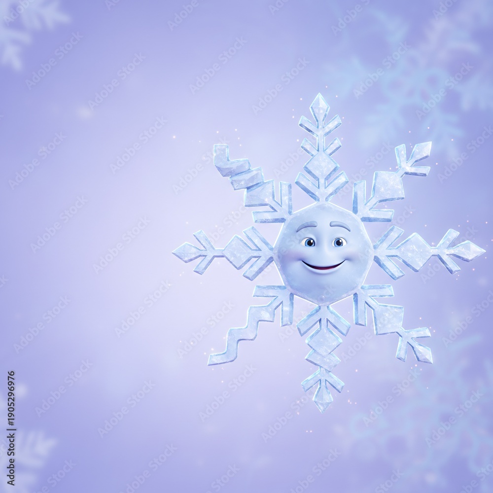 Obraz premium A snowflake character with a smiling face floats against a pastel purple background. The scene reflects a joyful winter spirit, with shimmering snowflakes around it