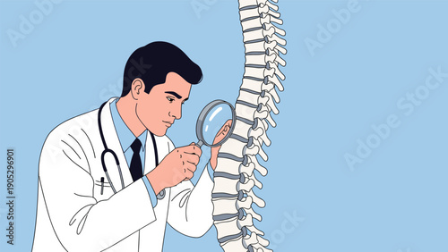 Doctor examining human spine model using magnifying glass representing orthopedic specialist diagnosing back pain and spinal cord health issues.