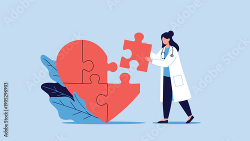 Female doctor in white lab coat assembling heart puzzle pieces representing cardiology care medical treatment and emotional health restoration.