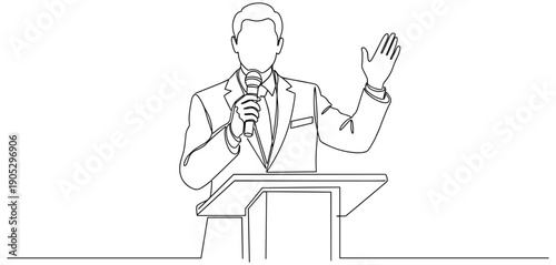 Public speaking silhouette illustration of person at podium with microphone, leadership and communication line art for speeches and presentations