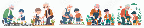 Cute Cartoon Illustration of Grandfather and Grandson Gardening Together with Love
