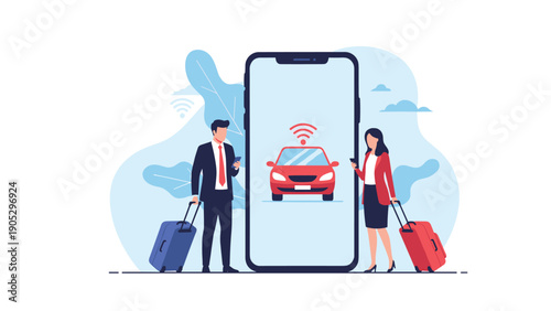Businessman and businesswoman with suitcases standing next to large smartphone displaying autonomous car icon representing mobile ride sharing apps.