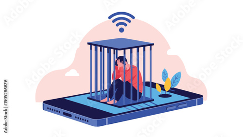 Sad man sitting inside metal cage on top of large smartphone with glowing wifi symbol representing internet addiction and digital confinement.