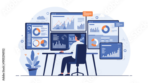 Professional analyst sitting at desk monitoring complex business data dashboards with various charts and infographics on multiple screens.