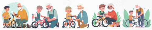 Charming Flat Illustration of Grandfather and Grandson Repairing Bicycle Together