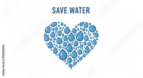 Save water campaign heart shape with blue water droplets on white background