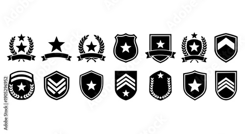 Comprehensive Black Silhouette Collection of Military Rank Insignia Heraldic Shields Victory Wreaths and Achievement Medals