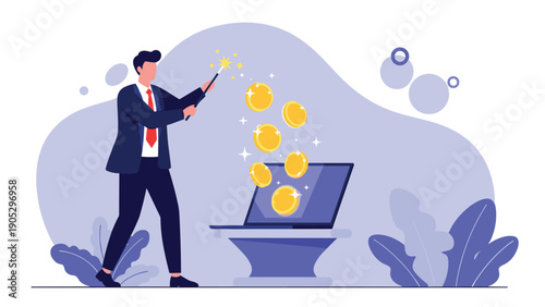 Businessman performing magic with wand to generate gold coins from laptop computer screen symbolizing successful digital business ventures.