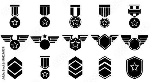 Comprehensive Black Silhouette Collection of Military Achievement Medals Pilot Wings Rank Chevrons and Heraldic Stars