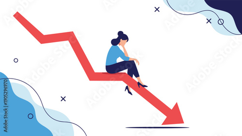 Depressed businesswoman sitting on declining red arrow chart representing financial loss, economic recession, and failed business performance.
