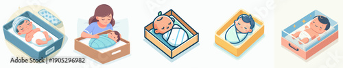 Isometric Adorable Baby in a Bassinet Illustration Set Collection