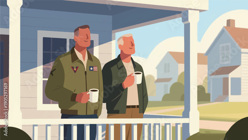Illustration Of A Veteran Standing On The Porch Of His House In The Morning, Breathing In The Fresh Air While Holding A Cup Of Coffee Vector Design Template