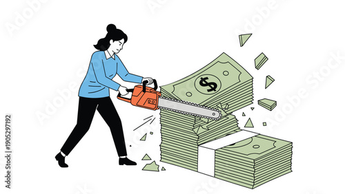 Determined woman uses a powerful orange chainsaw to cut through a large stack of paper money for budget reductions.