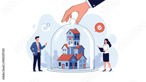Giant hand places a protective glass dome over a group of houses while real estate professionals observe security.