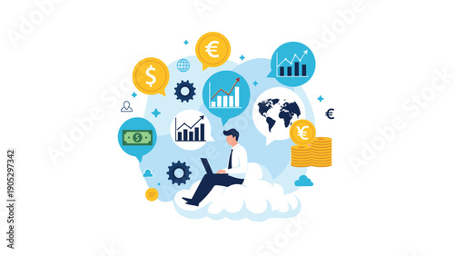 Successful professional man sits on a white cloud while using a laptop surrounded by global finance and web icons.