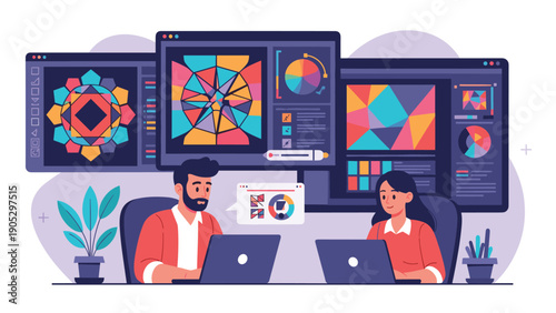 Creative graphic designers working on laptops in a modern studio with large screens displaying colorful abstract geometric patterns.