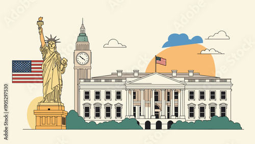 United States landmarks and symbols illustration featuring Statue of Liberty, White House, American flag and historic architecture.