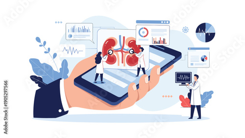 Mobile health technology concept with tiny doctors examining human kidneys displayed on a large smartphone screen interface.