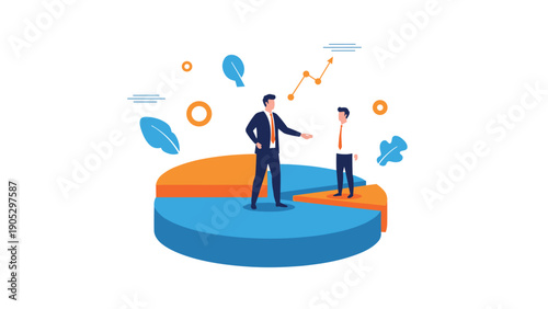 Managerial feedback and market share concept with a large businessman talking to a smaller employee standing on a pie chart.