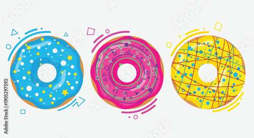 A vibrant set of three cartoon donuts with colorful blue, pink, and yellow frosting, decorated with sprinkles, stars, and abstract geometric shapes.